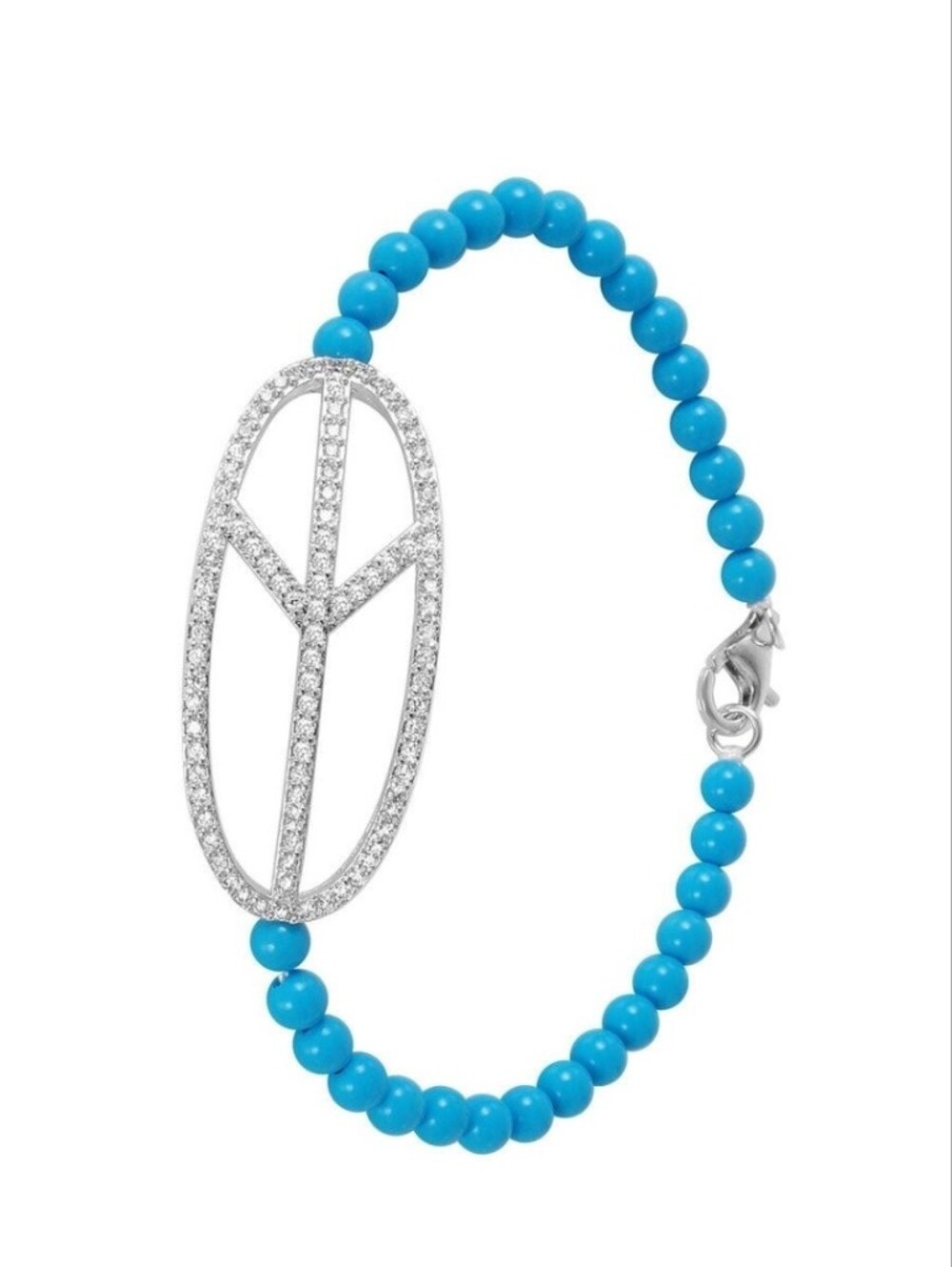 Sterling Silver 925 Rhodium Plated Oval CZ Peace Sign Turquoise Beads Bracelet